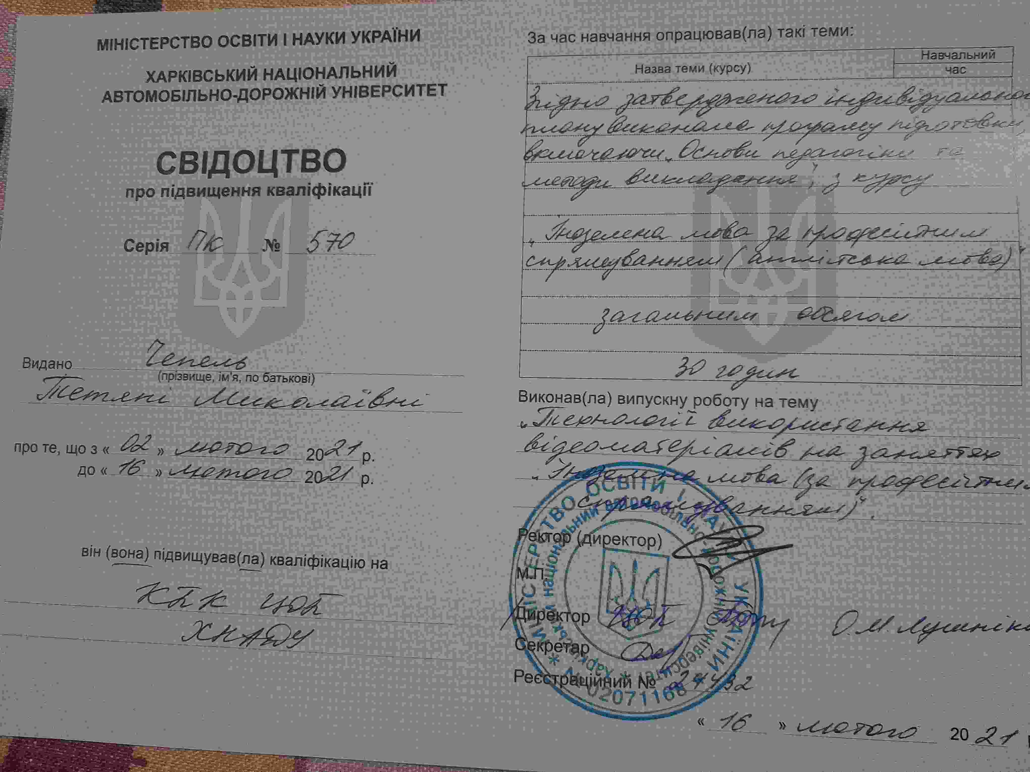 Свідоцтво про підвищення кваліфікації
